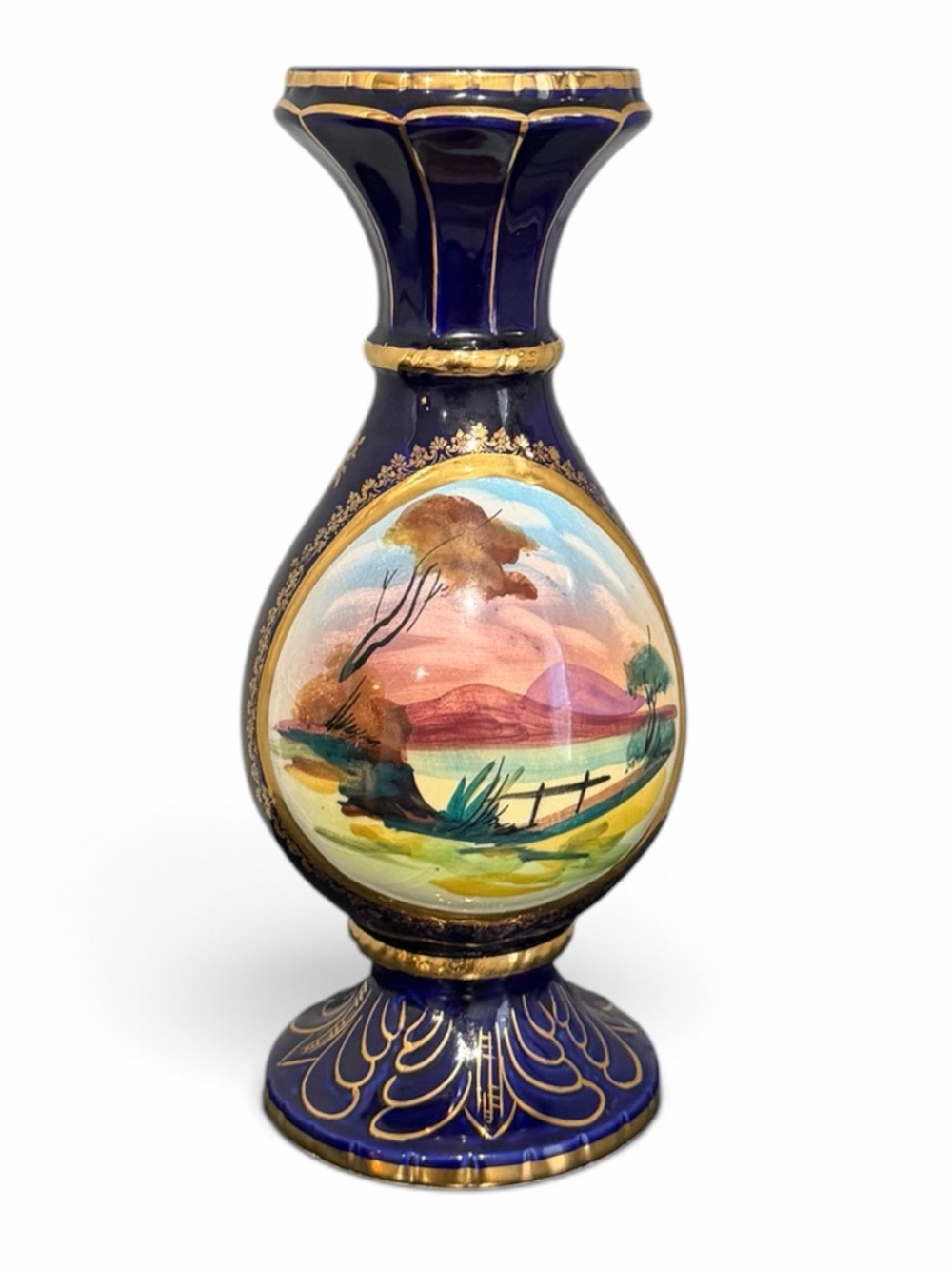 Vintage Cobalt Blue & Gold Gilt Landscape Mantel Vase (10")